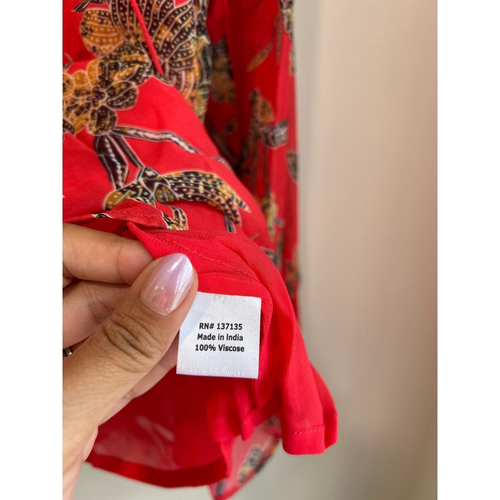 Bella Tu NWT Red Floral Embellished Silk Feel Boho Tunic Blouse Size S - Picture 4 of 7